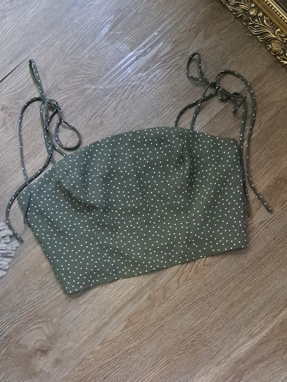 Dynamite Olive Green Polka Dot Tie-Strap Crop Camisole